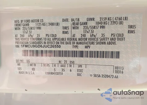 2018 Ford Escape Se from USA, damaged, VIN 1FMCU9GD6JUC26550